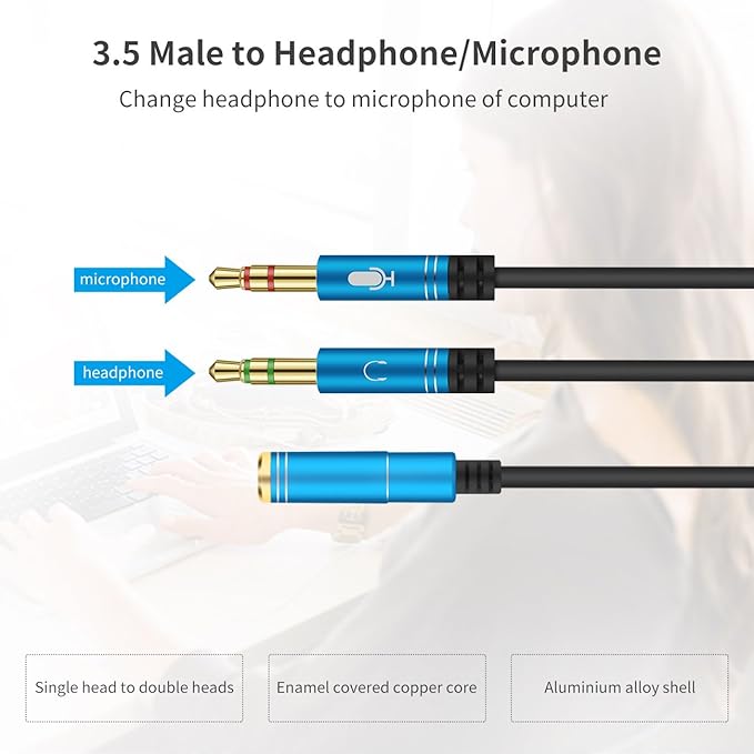 CANFON Headphone Splitter for Computer 3.5mm Female to 2 Dual 3.5mm Male Headphone Mic Audio Y Splitter Cable Smartphone Headset to PC Adapter (100CM, Blue)