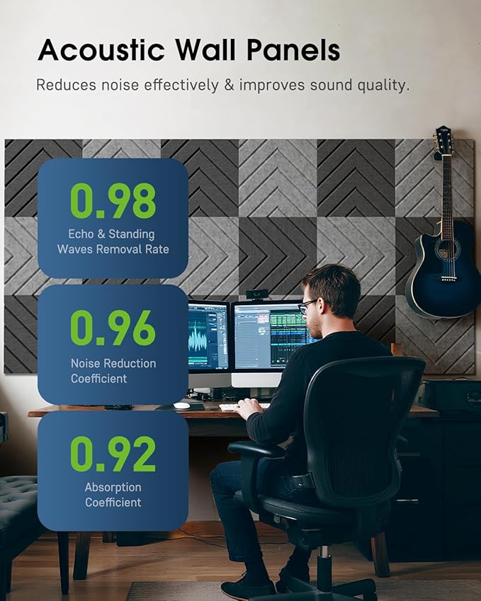 Woovio Sound Proof Foam Panels for Walls, 12 Pack Self-Adhesive Acoustic Panels, 12" X 12" X 0.4" Soundproof Wall Panels for Door, Ceiling, Home Office Black