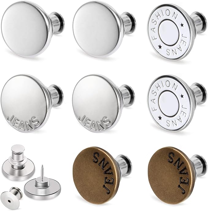 TOOVREN Upgraded 8 Sets Button Pins for Jeans Pants, No Sew Perfect Fit Jean Button Tightener Replacement Adjustable Reusable Metal Clips Snap Tack, Instant Reduce Too Big Pants Waist