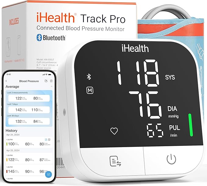iHealth Track Pro Upper Arm Blood Pressure Monitor, Full-View LED Screen, Body & Cuff Detection, App-Enabled for iOS & Android, Adjustable Cuff Large Adults Arm Friendly