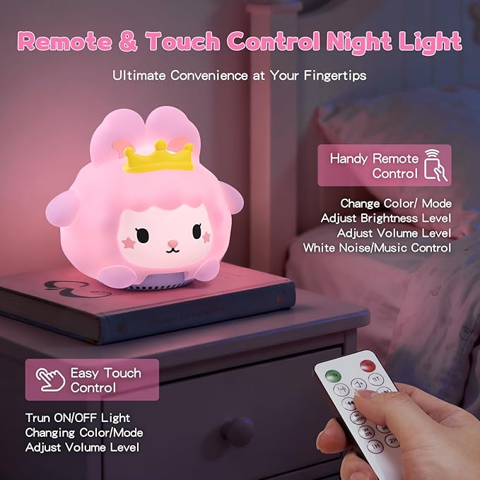 Baby Sound Machine, 20 Soothing Sounds White Nosie for Sleeping, Rechargeable Night Light with Speaker, 3 Brightness Levels Remote and Tap Control, Nursey Lamp for Baby, Kids Bed Room (Bunny)