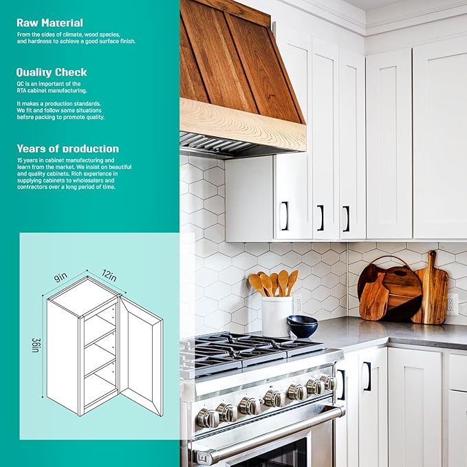 Wall Kitchen Cabinets, RTA Cabinets, White Shaker Cabinet, Wall Mounted, RTA Upper Cabinet, Modern for Kitchen and Bathroom with Door (White, 09" W x 36" H x 12" D)