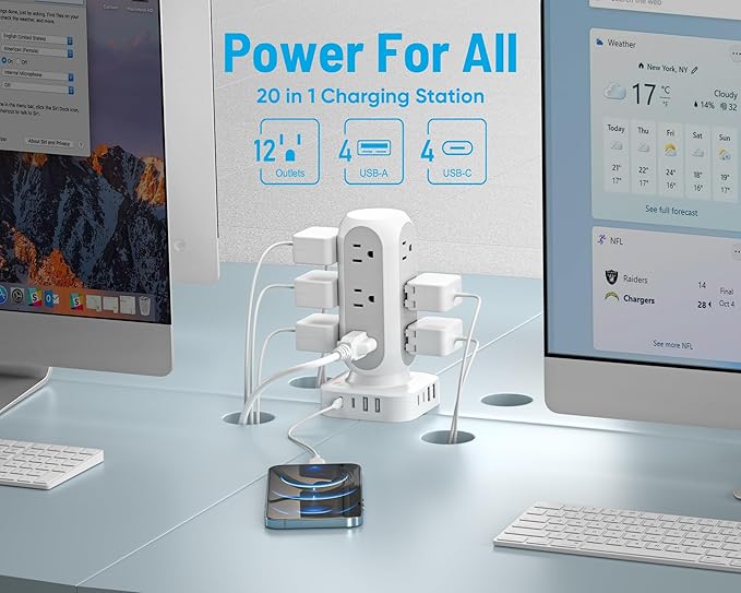 TenTrend 65W Fast Charging Station, Flat Plug Power Strip Tower with 12 AC Outlets & 8 USB Ports (2 PD USB-C Ports), 10FT Extension Cord, Compatible for MacBook Pro, iPhone Series.