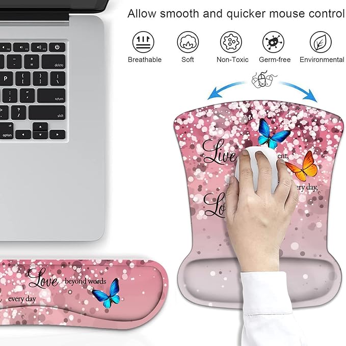 Ergonomic Mouse Pad Wrist Support and Keyboard Wrist Rest Set with Coasters, Non-Slip PU Base, Easy Typing & Pain Relief, Perfect for Home Office Working Studying, Glitter Quote Live Laugh Love
