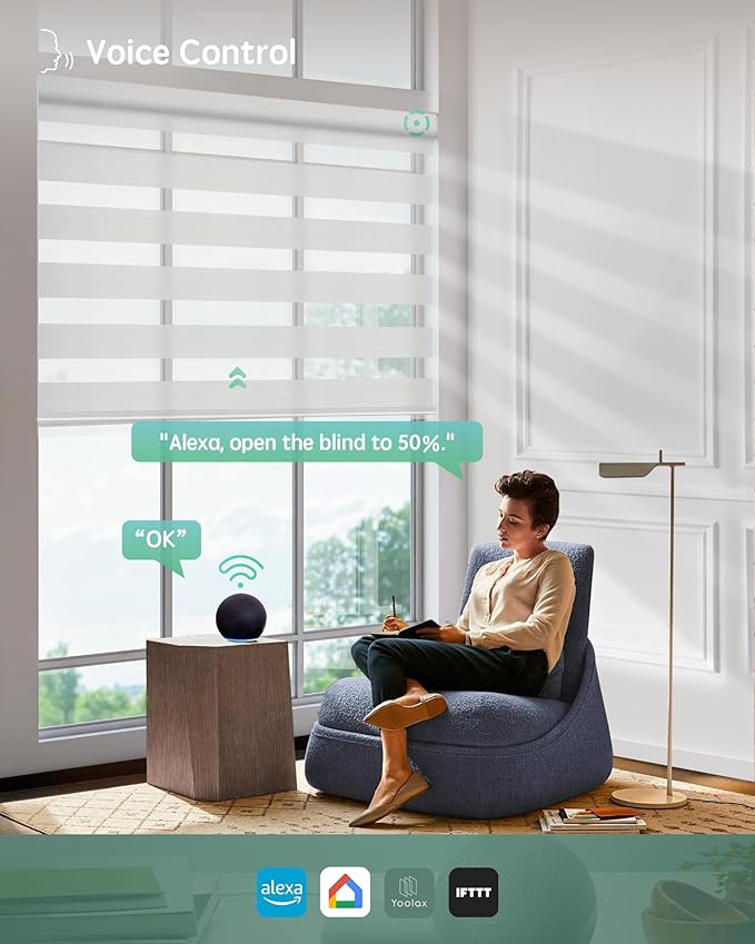 Yoolax Motorized Zebra Blinds Works with Alexa, Motorized Blinds with Remote Custom Size, Privacy Electric Zebra Shades for Windows (90% Shading Greyish White)
