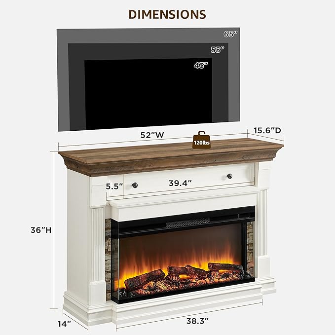 OKD 52 Inch Electric Fireplace with Mantel, Fireplace TV Stand with 36" 3-Sided Glass Electric Fireplace Heater for Living Room (Antique White)