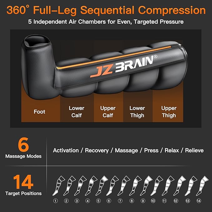 Air Compression Leg Recovery Boots : Dual-Power Sequential Compression System Device with Smart Pressure Sensor - 6 Modes & 14 Positions Foot and Leg Massage for Athletes & Gym (Medium)