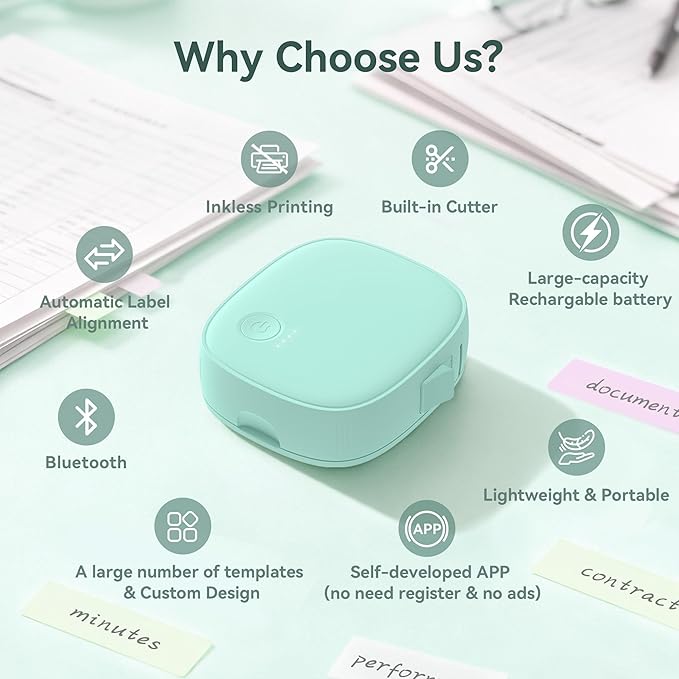 XenGro Mini Label Maker Machine with Tape AH-P05, Portable Bluetooth Mini Label Printer, Wireless Thermal Label Maker, Waterproof & Rechargeable, Built-in Cutter, for Home, Office, Kitchen – Green