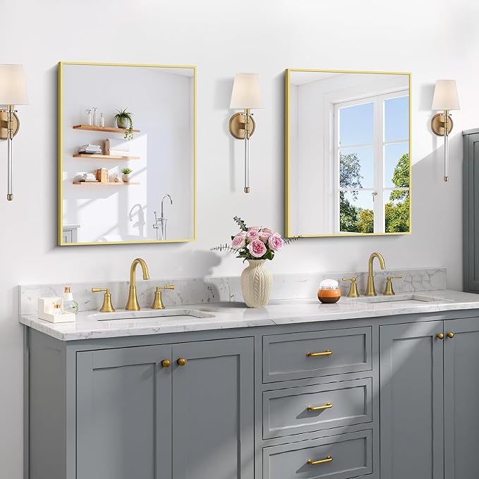 Gold Bathroom Mirror for Wall, 18x24 Inch Rectangle Mirror with Metal Frame, Modern Vanity Mirrors for Bathroom Living Room, Entryway Hangs Horizontal or Vertical