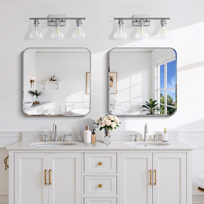 CILIBER Frameless Mirror, 24x24 Beveled Bathroom Mirrors for Over Sink, Square Frameless Wall Mirror Rounded Corner, Shatterproof Tempered Glass Lightweight Design for Bedroom Living Room Entryway
