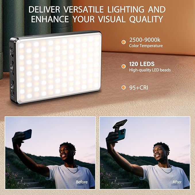 SEAEYES 120 LED Video Light, Portable USB Photo Light Dimmable 2500-9000K CRI 95+ 5000mAh Battery with Tripod with Colored Filters and Clip, Photo Lamp for Phone/iPad/Laptop/Camera