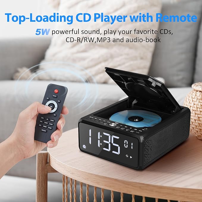 Gelielim CD Player Alarm Clock Radio, CD Players for Home, Desktop Portable CD Player with Bluetooth,10W Wireless Charging,FM/AUX/USB/Timer/Dimmer/Remote Control, Boombox Clock Radio with CD Player