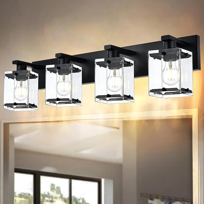 WINSHEN 4-Light Bathroom Vanity Light Fixture, Modern Black Wall Lighting Over Mirror with Rectangular Clear Glass, E26 Bulb Base