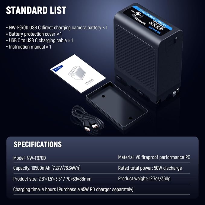 Neewer 10500mAh NP-F970 Replacement Battery Type C & USB A & 2 DC Ports - Image 9