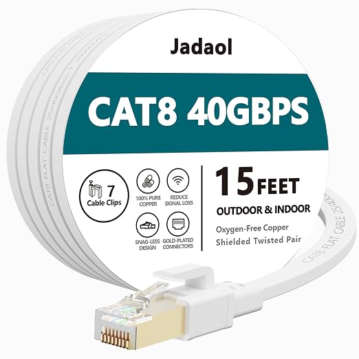 Jadaol Cat 8 Ethernet Cable 15 ft, 40Gbps 2000MHz Flat RJ45 S/FTP LAN Patch by Jadaol