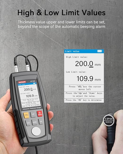 Wintact Digital Ultrasonic Thickness Gauge, Range 0.039 to 11.81 in with Probe for Measuring Metal and Nonmetal Materials, Steel, Cylinder Wall, Plastic, Glass, PVC, Pipes