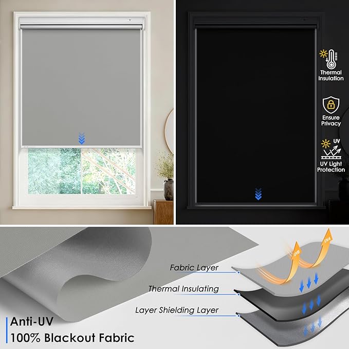 Motorized Roller Blinds with Remote Control & Solar Panel - 100% Blackout Smart Blinds, Automatic, Cordless, Electric Shades - Compatible with Alexa - Grey, 29" W x 72" H