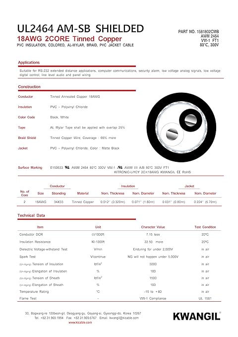 KWANGIL 2C 18AWG AMSB Shielded Cable Wire (UL2464) - Highly Flexible Str TC, PVC Ins, OS+TC BRD, PVC JKT for CNC Machine, Stepper Motor, VFD Spindle (Matte Black 100FT)
