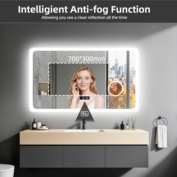LUVODI Bathroom LED Wall Mirror: 48x24 inch Rectangle Makeup Vanity with Lights Bluetooth Speaker, Time Display, Magnifier, Anti-Fog, Memory Function, 3 Color Temperature