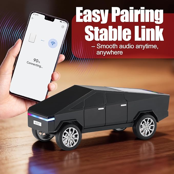Futuristic Pickup Truck Bluetooth Speaker with LED Display Screen – Practical Gift Choice for Car Model Fans & Audio Users, TWS Stereo, FM Radio, USB/TF Playback, Front LED Headlights, Mic(Black)