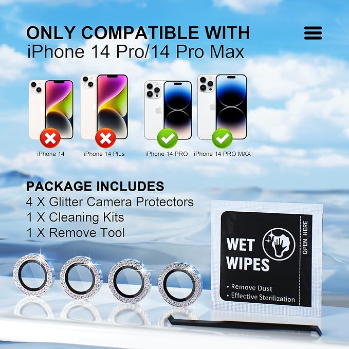 Misea for iPhone 14 Pro/iPhone 14 Pro Max Camera Lens Protector Bling, 9H - Image 2