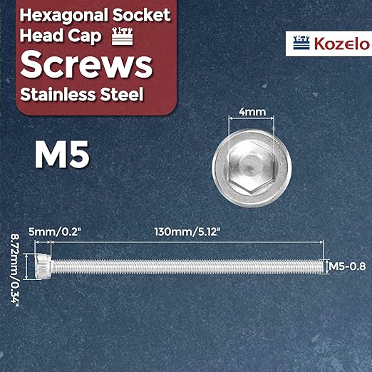 Kozelo 4pcs Socket Head Cap Screws - [M5-0.8 x 130mm] 304 Stainless Steel Allen Socket Drive for Electrical Motor 3D Printing Fan Engine Replacement Use, Silver
