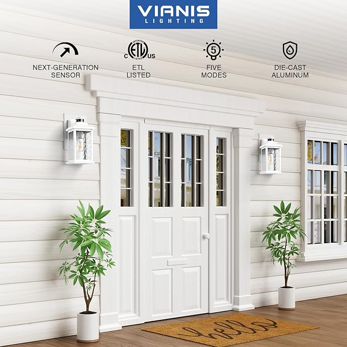 VIANIS Large Adjustable Sensitivity Motion Sensor Exterior Porch Lights, 2 Pack White Dusk to Dawn Outdoor Lighting, Anti-Rust Waterproof Front Porch Light for Garage, Front Door