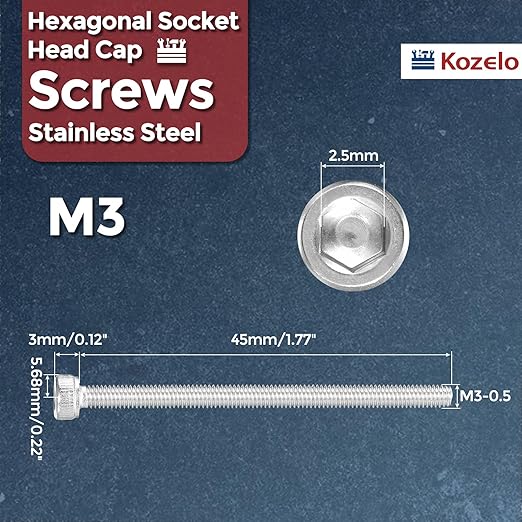 Kozelo 100pcs Socket Head Cap Screws - [M3-0.5 x 45mm] 304 Stainless Steel Allen Socket Drive for Electrical Motor 3D Printing Fan Engine Replacement Use, Silver