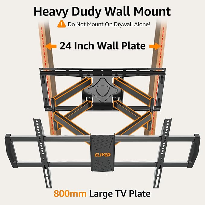 ELIVED Heavy Duty TV Wall Mount for Most 42"-90" TV Up to 200 LBS, Max VESA 800x400mm, Pre-Assembled Wall Mount Bracket, Full Motion Swivel tv Mount Fits 24"/18"/16" Wood Studs, YD3028