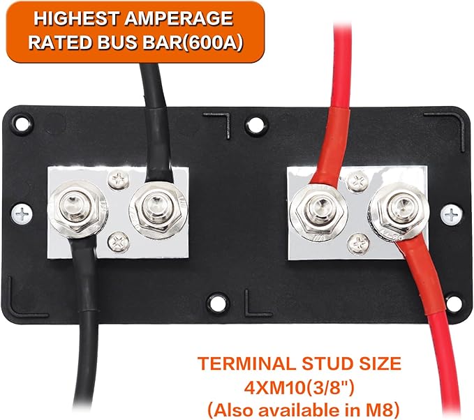 AMOMD 600A 48V Bus Bar Box 4 Stud (3/8 inch) M10 High Current Tin Plated Copper Distribution Block Positive Negative Independent Modules Electrical Battery Ground Buss Bar with Cover for RV Marine