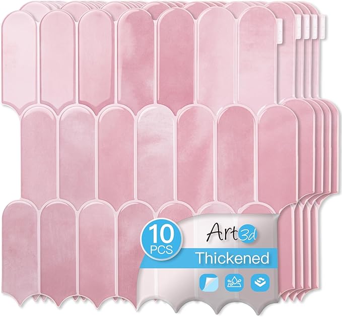Art3d 12 x 12 Inch Heavy-Duty Peel and Stick Backsplash, Self-adhesive Wall Tiles for Kitchen Bathroom Decor, 10-Pack Pink