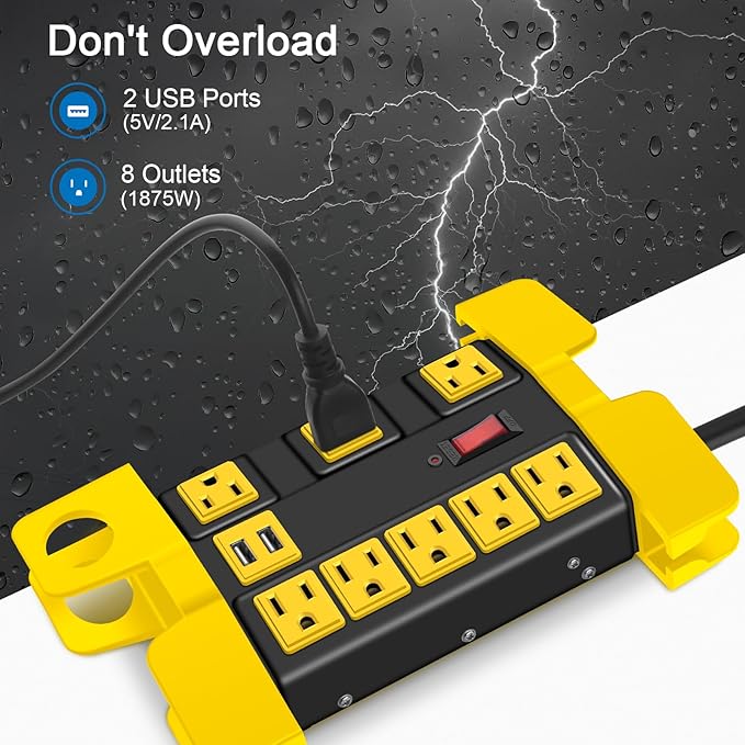 CCCEI Heavy Duty Power Strip with USB, Workshop 8 Outlet Surge Protector 2700 Joules, Industrial Metal 15Amp Power Strip, 12 FT Extension Cord and Wide Spaced Black.