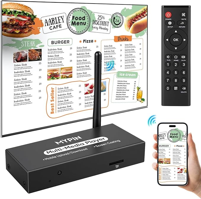 Advertising Media Player USB Video Player for Digital Signage or TV, Wireless Display Adapter with Screen Mirroring, Screen Rotation, Photo Share Function, Looping and Auto Playback& Easy Setup