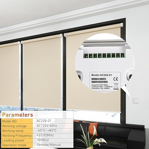 AC228-01 Crystal Style Double Routes Radio Receiver, AC to 24V Motor Switch Controller Electric Wall Switch Emitter for Roller Blinds/Shades Motor