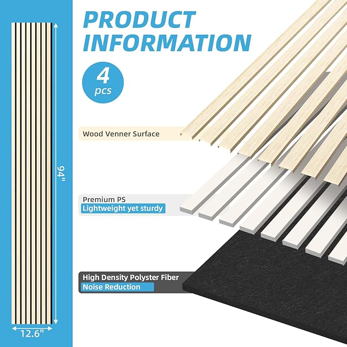 Art3d 4-Piece 94 x 12.6 Inch Acoustic Lightweight Slat Wall Panel - Waterproof Wood Textured Wainscoting Panel of 33 Sq.Ft for Bedroom, Home Theater Office Accent Wall, White Elm
