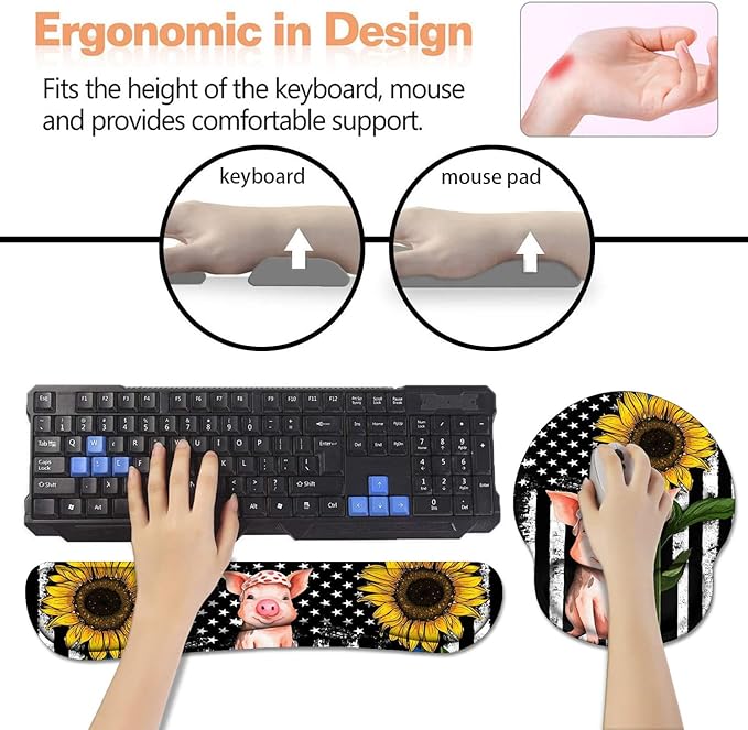 Keyboard Wrist Rest + Mouse Pad Wrist Support Set with Coasters, Non-Slip PU Base Ergonomic Mousepad for Home Office Working Studying Easy Typing & Pain Relief, American Flag Sunflower and Cute Pig