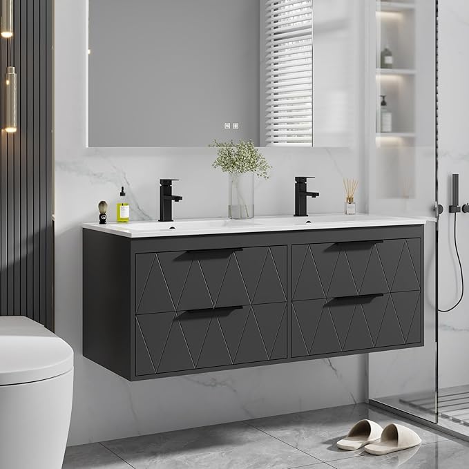 eclife 48" Bathroom Vanities Cabinet with Sink Combo, Wall Mounted Floating Cabinet W/Decor Line, Soft-Close System, 4 Extra Big Drawers, Matte Black Faucet, Black