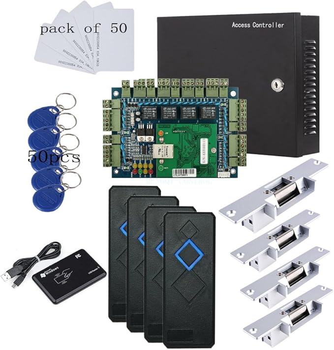MENGQI-CONTROL TCP/IP 4 Door Entry Access Control Panel Kit Electric Strike Fail Secure NO Mode Lock Enroll RFID USB Reader 110-240V Power Supply Box RFID Reader Phone APP remotely Open Door