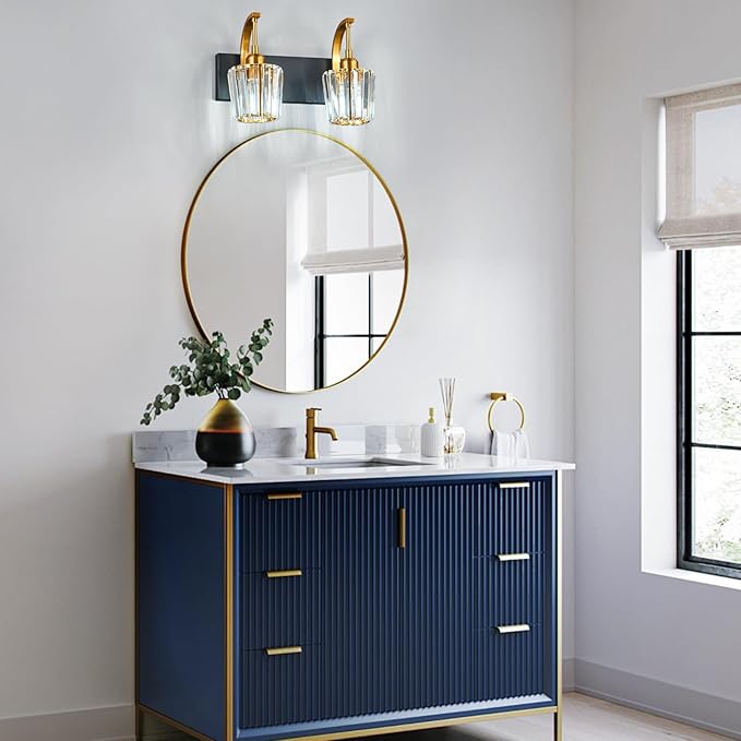 FDPBY Modern Bathroom Vanity Light, 2-Light Black Gold Wall Sconce with Crystal Accents, Over Mirror Bathroom Lighting Fixture, 13.77" Long Dimmable Vanity Lamp for Makeup, Easy Installation