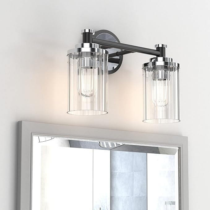 PHIXART Bathroom Lighting Fixtures Black and Chrome Bathroom Vanity Light with Cylindrical Clear Stripes Glass Lampshade E26 Socket Base Bathroom Lighting Fixtures Over Mirror (2 Lights)