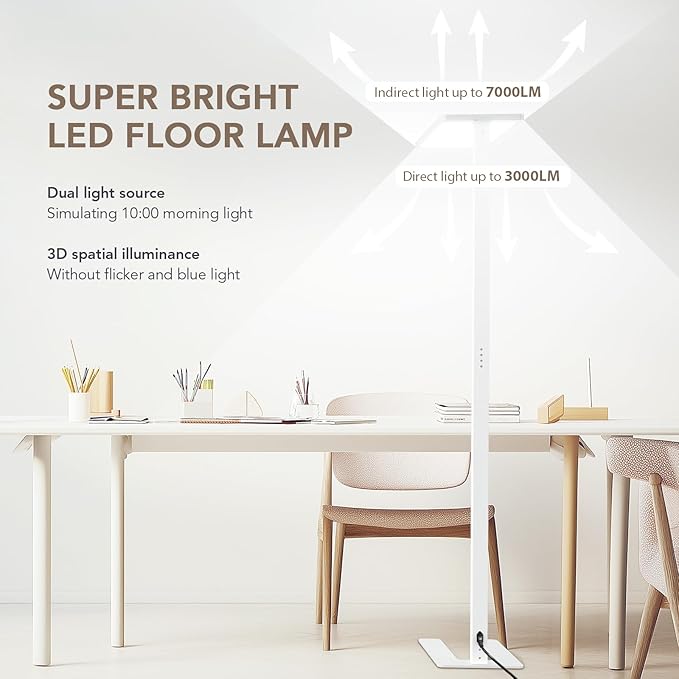 120W LED Floor Lamp, 76.8" Tall Reading Light, 10000LM Knob Dimming Standing Lamp, Full Spectrum Eye Care Reading Lamp, 4000K Natural Daylight for Study Room, Office, Living Room, Bedroom (White)