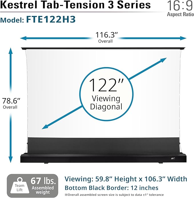 Elite Screens Kestrel Tab-Tension 3 CineWhite, 122 inch 16:9 Aspect Ratio, ISF Certified, Electric Floor-Rising Motorized Tab-Tensioned Front Projector Screen, Programmed Remote Kit, FTE122H3