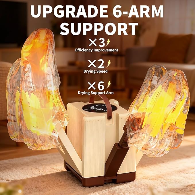 Heapsion 6-Arm Shoe Dryer and Deodorizer, Fast 360° Drying in 15s with Rose Salt Box, Foldable Boot Dryer with Timer for 3 Pairs, Portable for Travel, Home, Gym