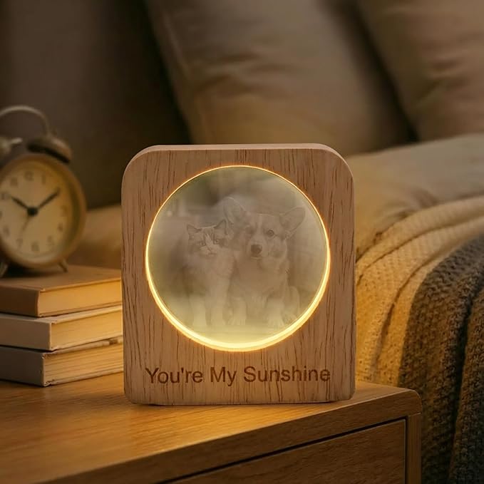 Yijhpbc Custom 3D Crystal Photo Night Light Personalized Photo Crystal Ball Engraved Picture Lamp with Wood Base Memorial Gift for Pets Family Couple Birthday Valentine's Day (Style 1)