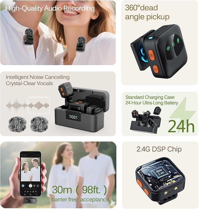 LIZHUZHONG Ai Mini Mic Wireless Lavalier Microphone System (2TX+2RX+Case), Magnetic & Clip-On Microphone for iPhone, Android, Vlogging, Studio-Quality Sound, 48H Battery, Ai Noise Cancelling