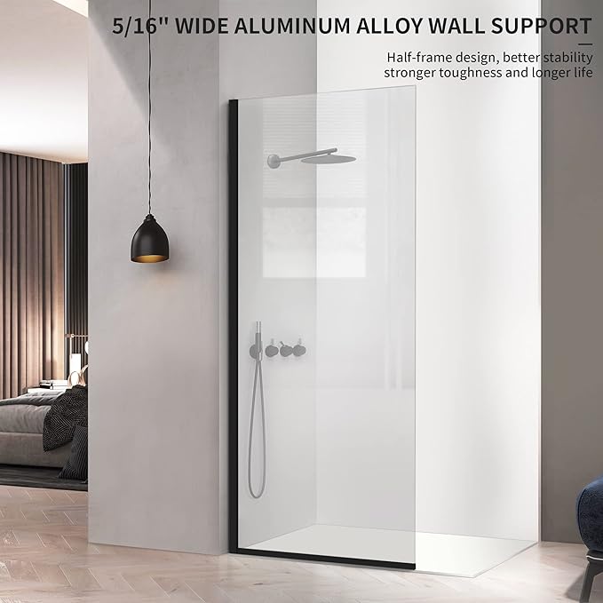 Bathroom Shower Door Screen, 34 in. W x 74 in. H Single Panel Frameless Shower Screen with Tempered Glass, for Bathroom and Bathtub, Clear Shower Door Screen with Matte Black Rods