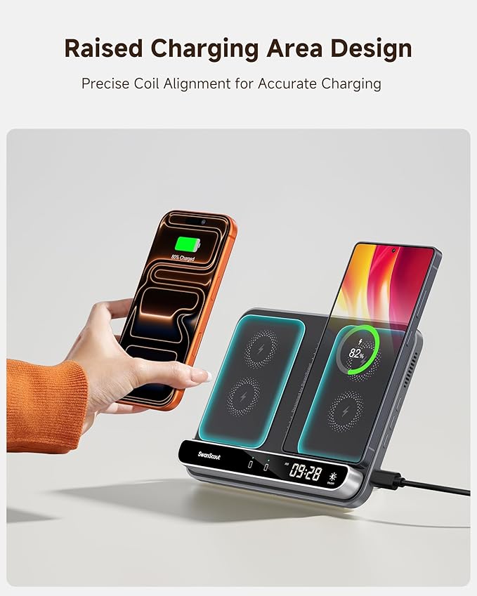 Dual Wireless Charger Stand, SwanScout 504, Foldable Wireless Charging Station Pad for iPhone Air/17/16/15/ Series, Samsung Galaxy S25/S24/S23, Android Phones, AirPods/Galaxy Buds (Black & Tech Grey)