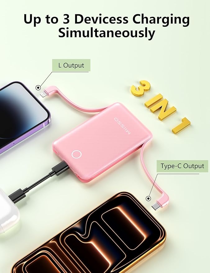 10000mAh Mini Portable Charger with Built in Cable, Pocket Size Power Bank Travel External Battery Pack for Phone, 3 Output USB Type C Cord Clutch Compatible with iPhone, Samsung, 2 Pack Black & Pink