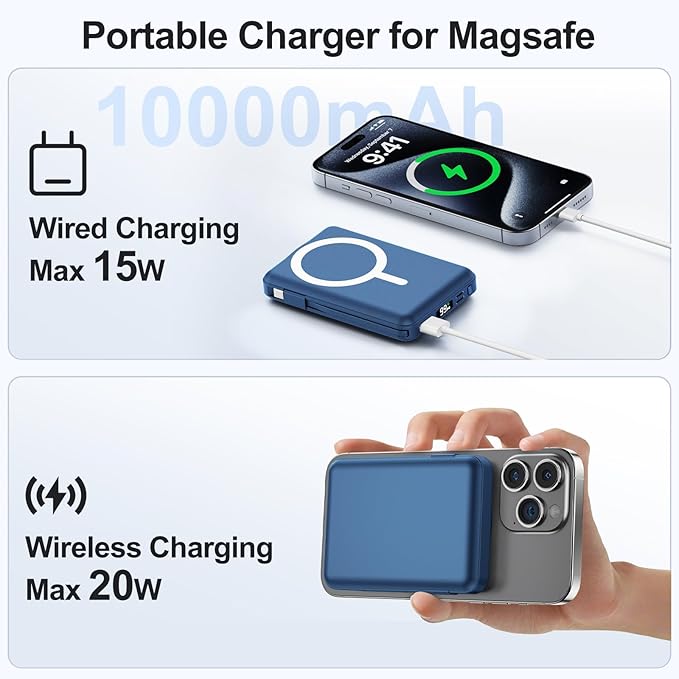 for Magsafe Portable Charger - 10000mAh Battery Pack for Magsafe with USB-C Cable and PD 20W USB C Fast Charging LED Display, Magnetic Wireless Power Bank for iPhone 17/16/15/14/13/12/Pro/Pro Max