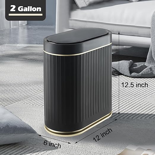 Bathroom Sensor Trash Can with Lid Automatic 2 Gallon Small Sensor Garbage Bin, 7.5 Liter Motion Sensor Smart Rubbish Bin Bathroom Decor, Slim Waterproof Plastic Garbage Can, Black Gold